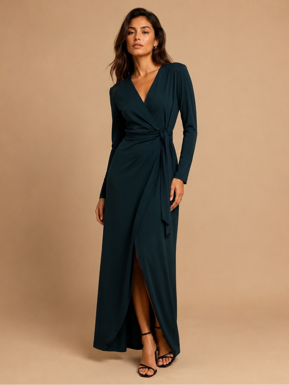 NWT Forever 21 Black Satin Deep V Midi Dress Side Slit Size S